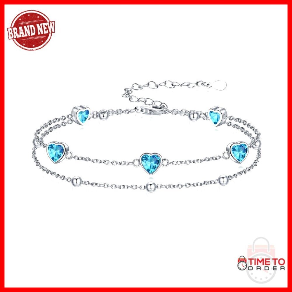 925 Sterling Silver Heart Charm Bracelet with Birthstone, 7" Length